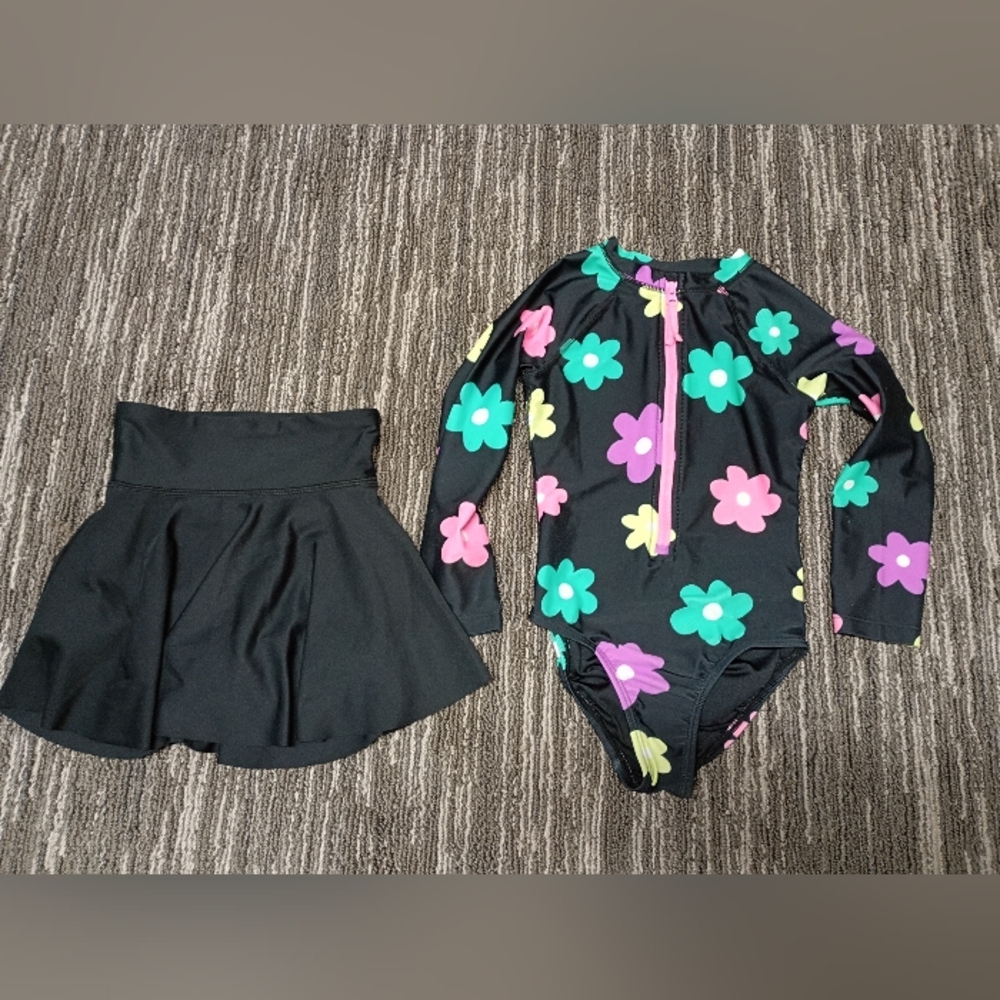 Old Navy Black Floral One-Piece Rashguard Swimsuit with Skirt w/shorts